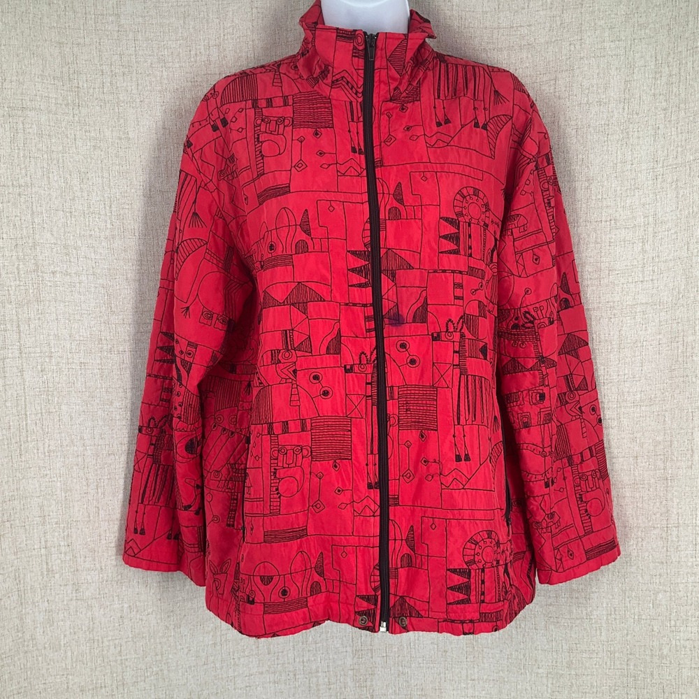 Chico's Silk Jacket Women Size 1 M Red Black Embroidered Abstract Art To Wear